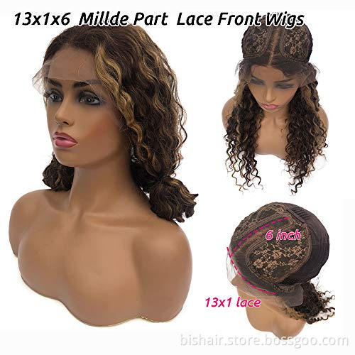 Human Hair Wigs Curly Highlight Brown Lace Front Wigs Ombre Deep Wave 13x4x1 Lace Wigs Pre Plucked with Baby Hair Blonde